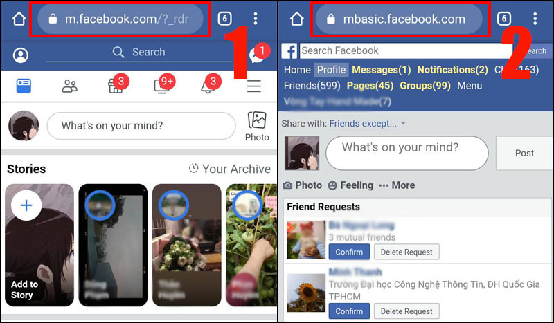 Click vào URL của trang Facebook > Nhập URL mới mbasic.facebook.com.